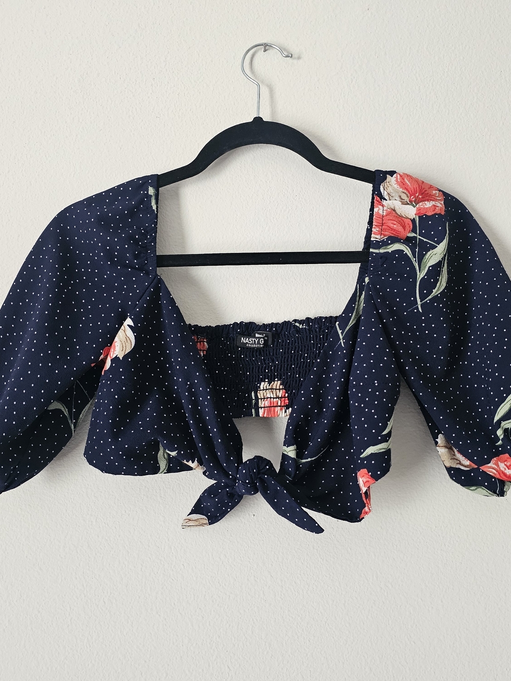 Nasty Gal Navy Floral Tie-Front Crop Top